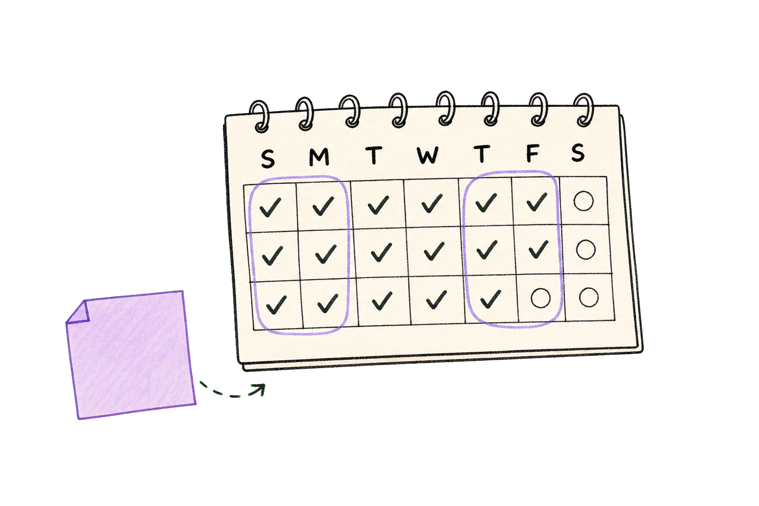 Hand-drawn weekly calendar showing the 48-hour streak rhythm