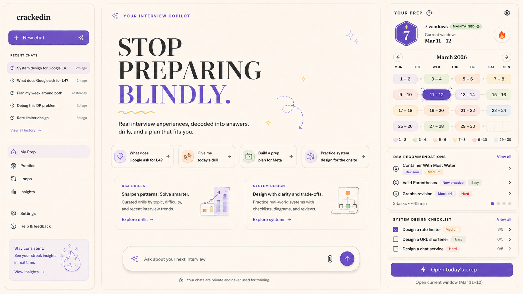 CrackedIn chat workspace with interview prompts, a 48-hour streak calendar, and recommendations